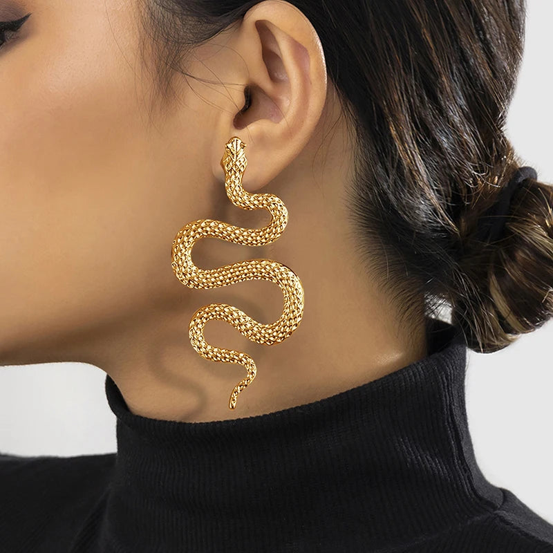 Boucles D'oreilles Dormeuses Doré Serpent Noir Goutte - Laiton, Style Victorien, Neuves !