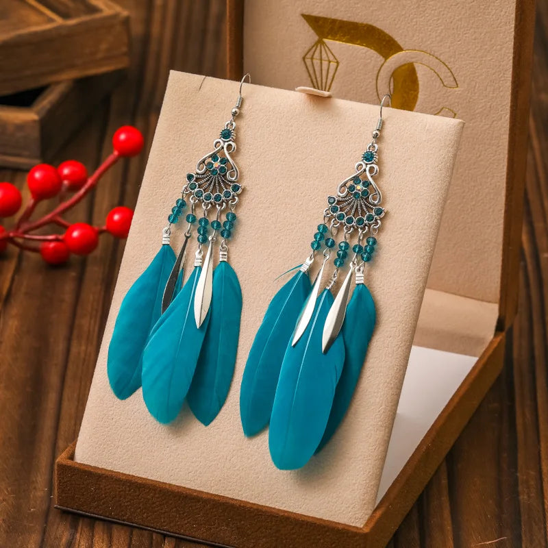 Boucles d'Oreilles Pendantes Style Ethnique avec Plumes 2