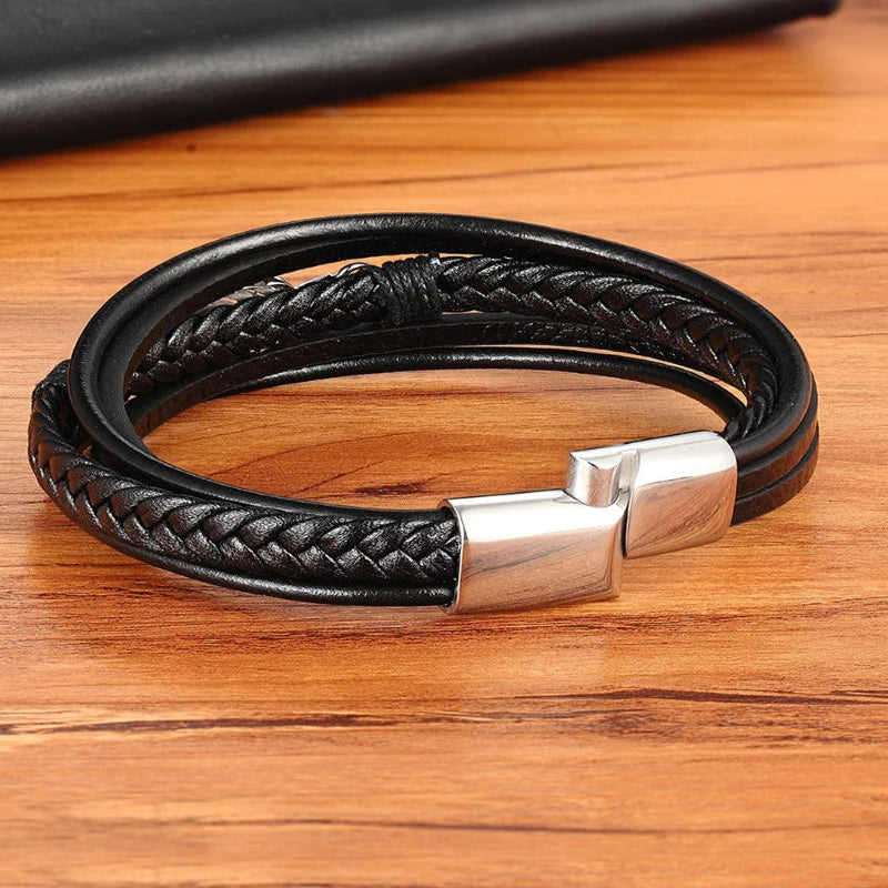 Bracelet en Cuir Plume Homme argent