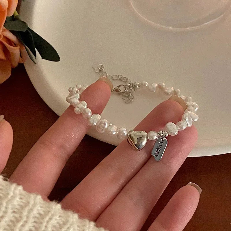 Bracelet Gourmette Femme en Perles avec Coeur