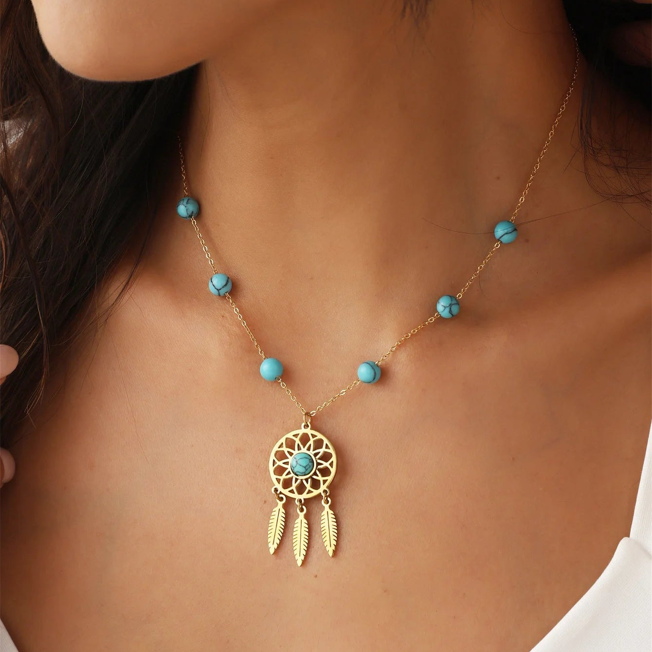Collier Attrape-rêve - Métal Doré Avec Perle Turquoise, Neuf Avec étiquettes