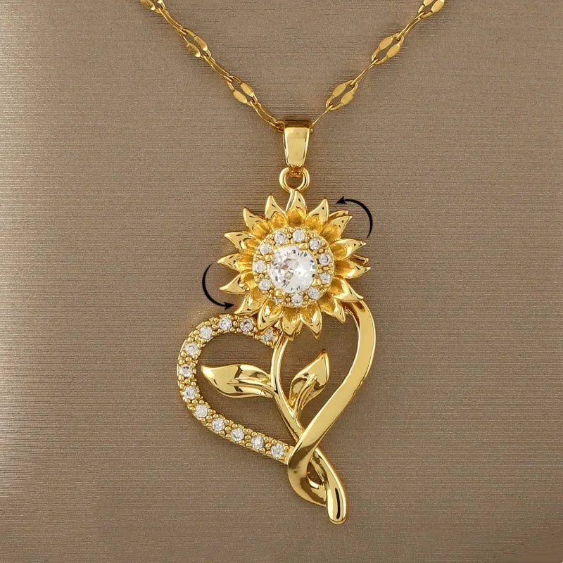 Collier Pendentif avec Coeur et Fleur de Tournesol Tournant Anti-Stress