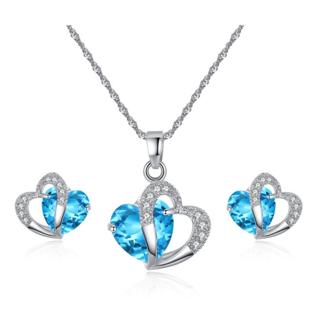 Bijoux Coeur Collier et Boucles d'Oreilles bleu