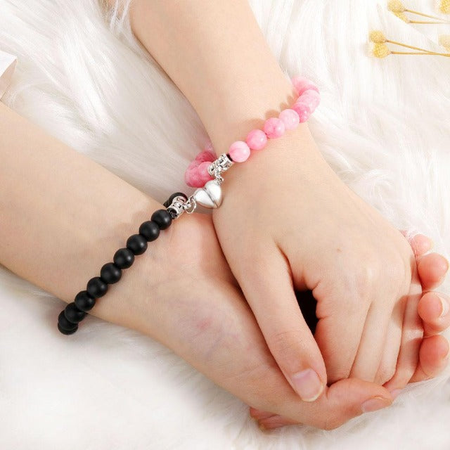 Bracelet Perles Boules Email Cloisonnée - Noir Et Fleurs Roses - Bijou Vintage Occasion