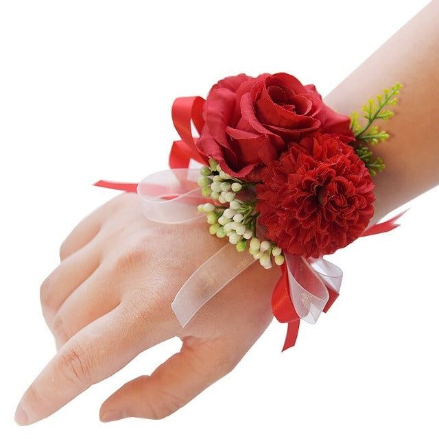 Braccialetto da polso per damigella d'onore, elegante, in raso, con rose, polsino con decorazione floreale per feste, veglione studentesco, matrimonio, 1 pezzo, Rosso., taglia unica