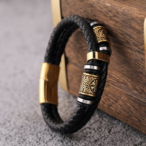 Bracelet Noir En Cuir Mythologie Viking or2