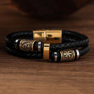 Bracelet Noir En Cuir Mythologie Viking or34