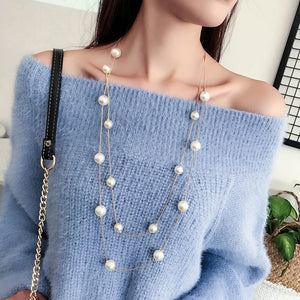 Long Collier Double avec Grandes Perles Blanches or