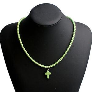 Collier Ras de Cou Pendentif Croix Pierre Naturelle Femme vert