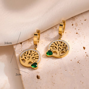 Boucles d'Oreilles Créoles Pendantes Arbre de Vie Coeur vert