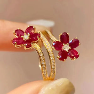 Bague Anneau Fleurs Rouges et Zircon