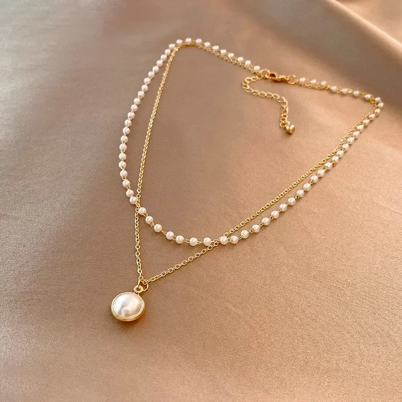 Collier Double Elégant avec Pendentif Perle or