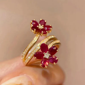 Bague Anneau Fleurs Rouges et Zircon