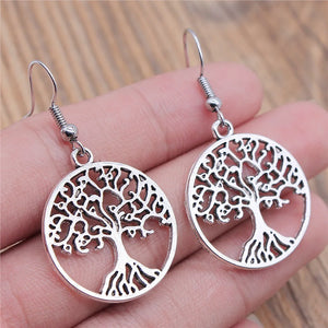 Boucles d'Oreilles Pendantes Arbre de Vie antique argent