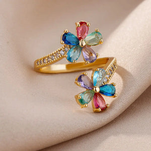 Bague Anneau Fleurs Colorées en Zircon or