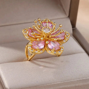 Bague Anneau Fleur 5 Pétales en Zircon rose