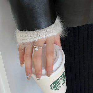 Bague Anneau Femme avec Perle Blanche en Zircon