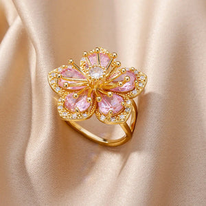 Bague Anneau Fleur 5 Pétales en Zircon rose