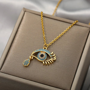 Collier Avec Pendentif Zircon Mauvais Oeil Bleu Turc Qui Pleure or