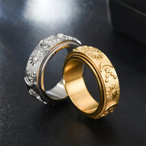 Bague Anneau Anti-Stress Tournant Lune et Soleil argent