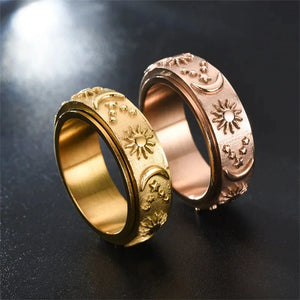 Bague Anneau Anti-Stress Tournant Lune et Soleil or rose