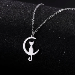 Collier Pendentif Chat Croissant de lune argent