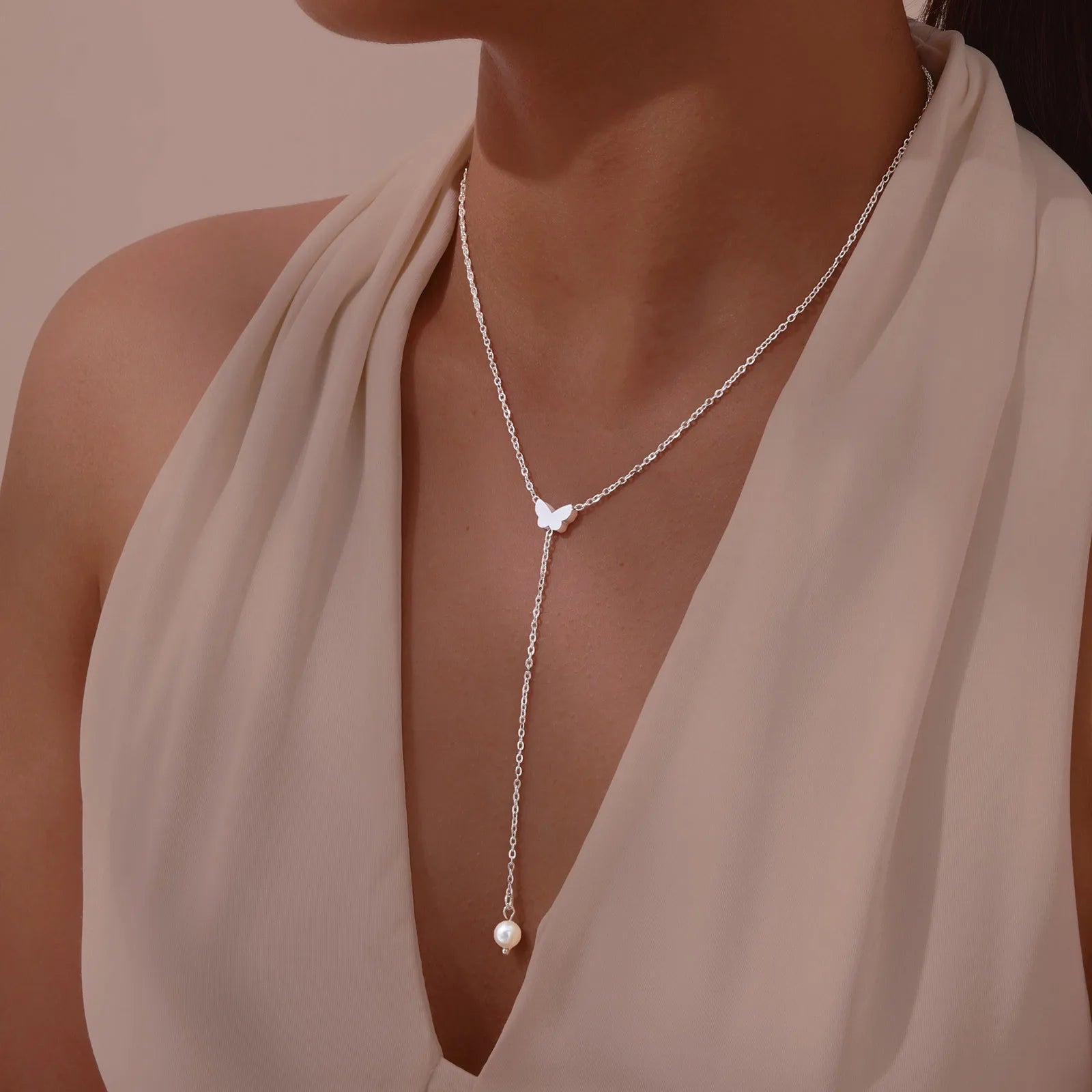 Collier en Y - chaîne de décolleté papillon pour femme argent