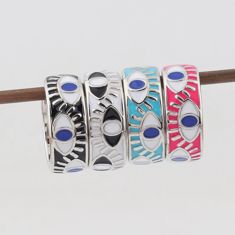 Verstellbarer Emaille-Ring mit blauem-Auge-Motiven 