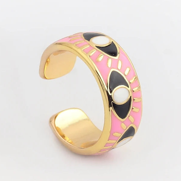 Verstellbarer Emaille-Ring mit blauem-Auge-Motiven in Gold und Rosa