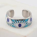 Verstellbarer Emaille-Ring mit blauem-Auge-Motiven in Silber und Blau