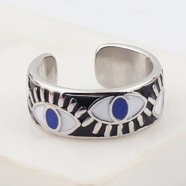 Verstellbarer Emaille-Ring mit blauem-Auge-Motiven in Silber und Schwarz