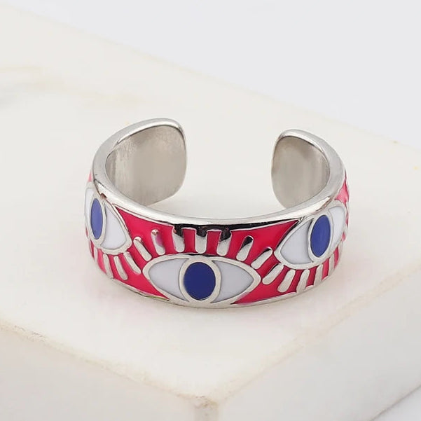 Verstellbarer Emaille-Ring mit blauem-Auge-Motiven in Silber und Rot