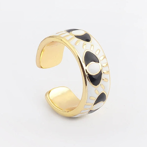 Verstellbarer Emaille-Ring mit blauem-Auge-Motiven in Gold und Weiß