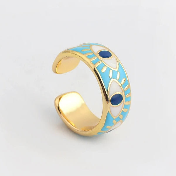 Verstellbarer Emaille-Ring mit blauem-Auge-Motiven in Gold und Blau