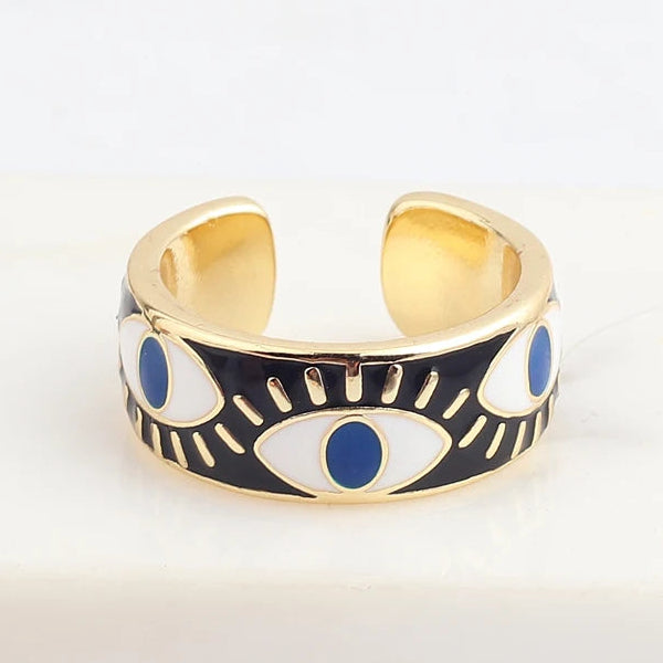 Verstellbarer Emaille-Ring mit blauem-Auge-Motiven in Gold und Schwarz