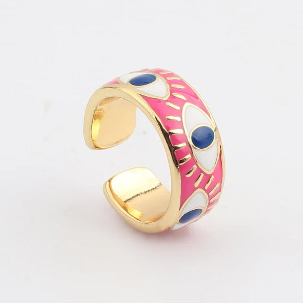 Verstellbarer Emaille-Ring mit blauem-Auge-Motiven in Gold und Rot