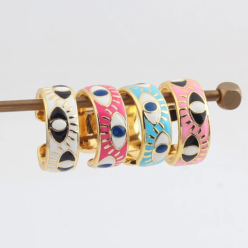Verstellbarer Emaille-Ring mit blauem-Auge-Motiven in Gold und Rosa