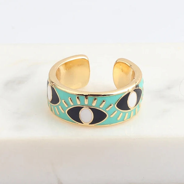 Verstellbarer Emaille-Ring mit blauem-Auge-Motiven in Gold und Grün