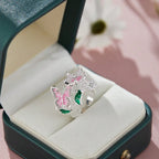 Adjustable cherry blossom and butterfly ring in silver