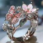 Adjustable cherry blossom and butterfly ring in silver