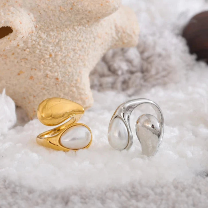 Bague Anneau Goutte d'Eau Perle Blanche argent