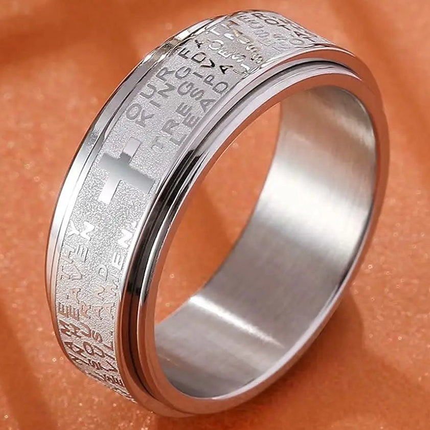 Bague anti-stress rotative avec croix chrétienne argent