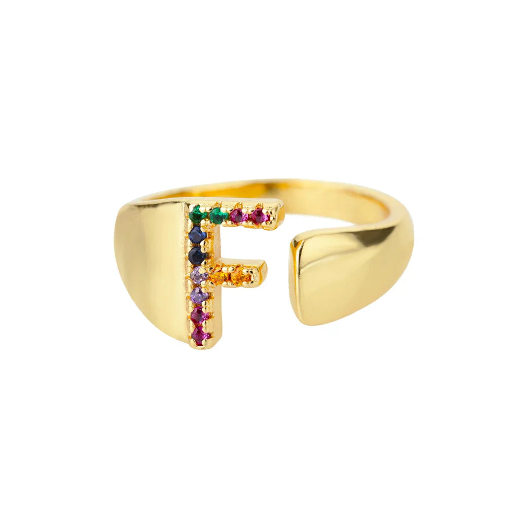 Bague large personnalisée avec initiale arc-en-ciel f