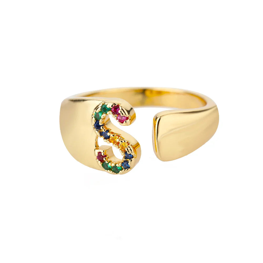 Bague large personnalisée avec initiale arc-en-ciel s