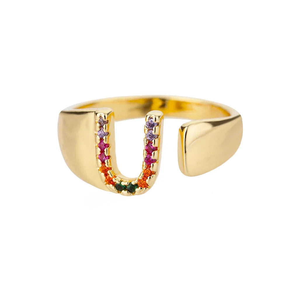 Bague large personnalisée avec initiale arc-en-ciel u