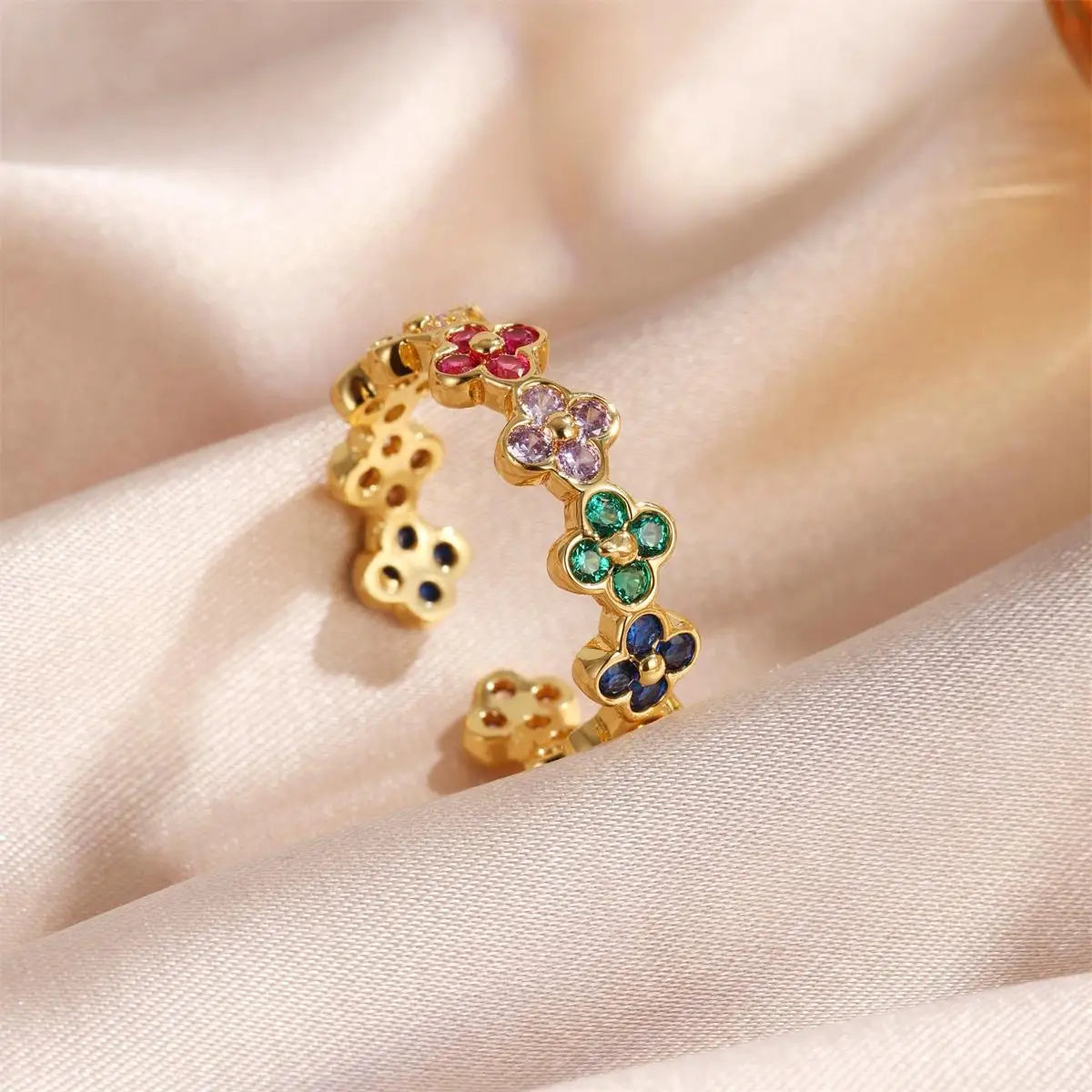 Bague avec Trèfles à 4 Feuilles Colorés en Zircon or