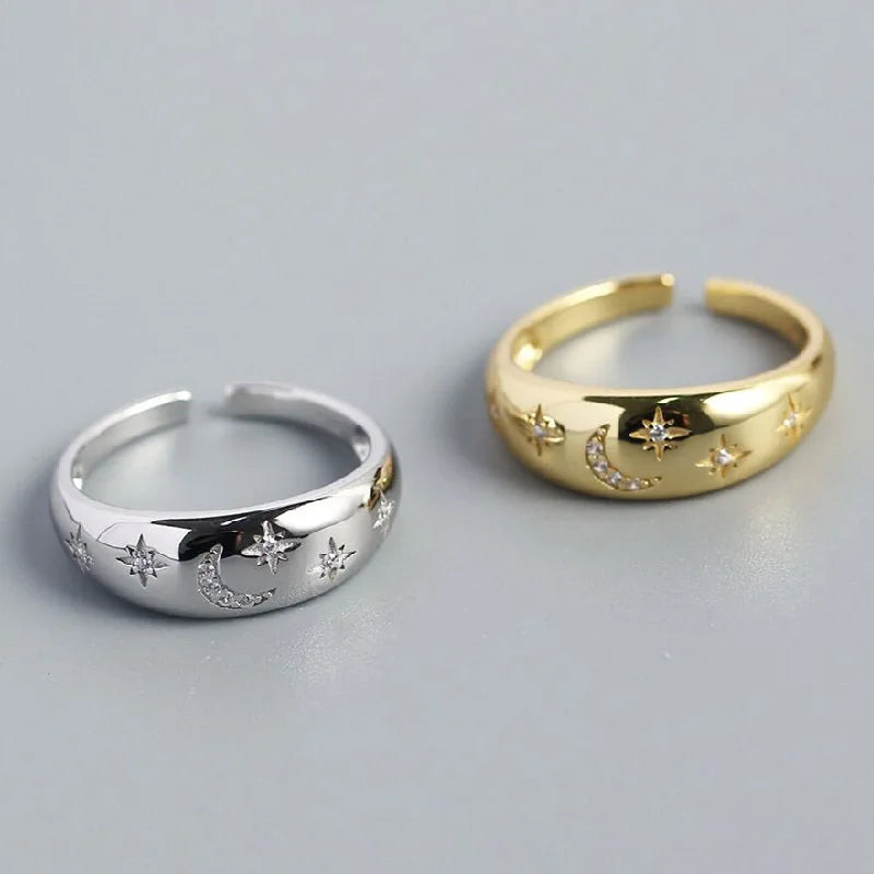 Bague bombée "constellation" croissant de lune et étoiles lot de 2 pièces