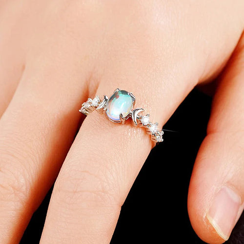 Crescent moon ring with oval moonstone