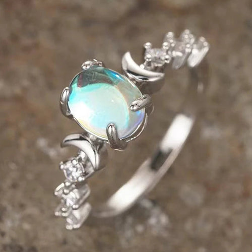 Crescent moon ring with oval moonstone