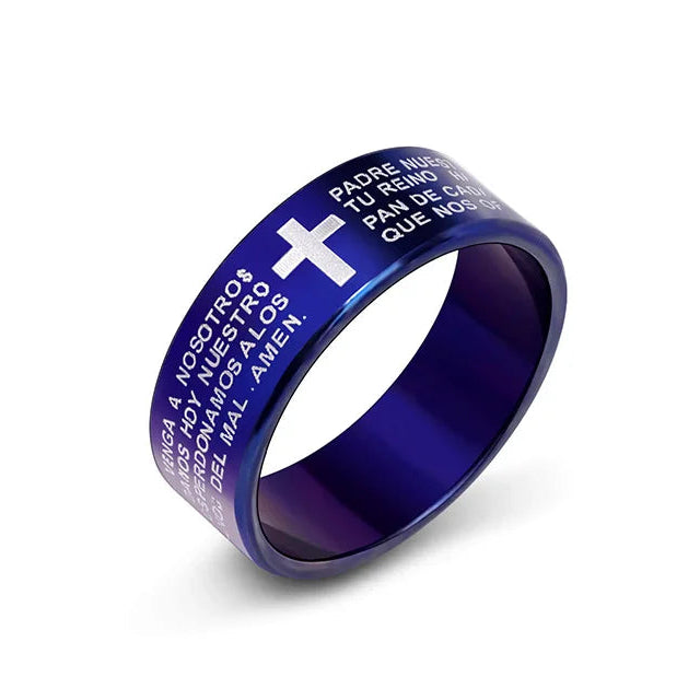 Bague de prière croix protectrice bleu